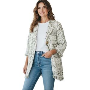 CHANEL 2018 Cruise Collection Cream and Green Fringe Coat